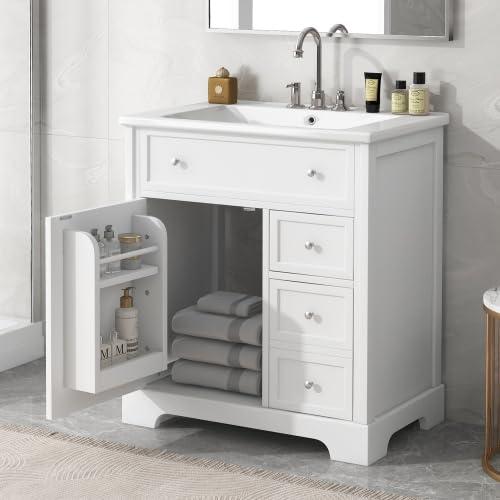 30" White Bathroom Vanity with Single Sink Combo, Modern Undermount Bathroom Sink Cabinet with 2 Drawers and a Tip-Out Drawer, Freestanding Bathroom Vanities, Soft Closing, Solid Wood Frame (New II)