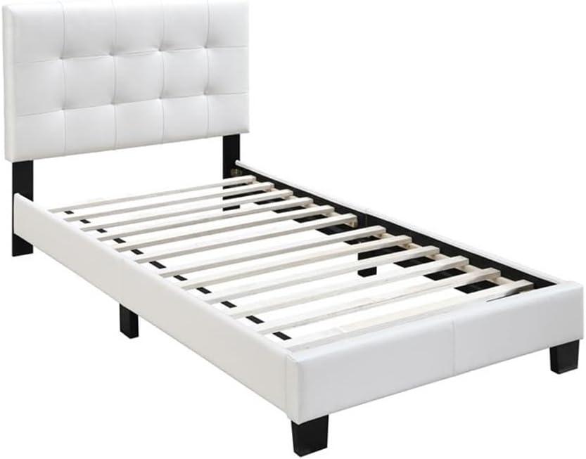 Poundex Furniture Twin Faux Leather Bed Frame with Slats in White