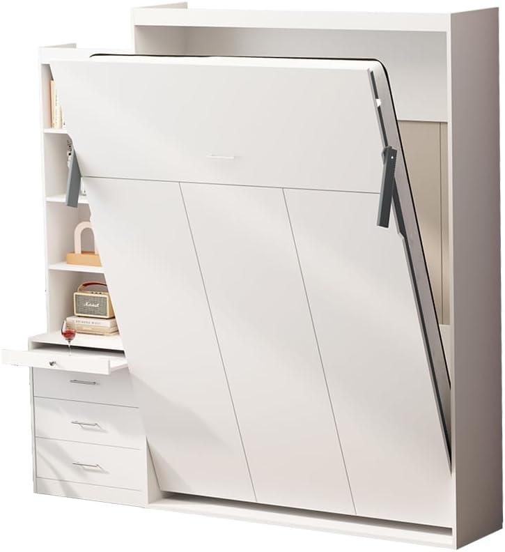 Bellemave Modern Full Size Murphy Bed with Storage Shelf and Drawers for Bedroom or Guestroom,Murphy Chest Bed Space-Saving Folding White Wall Bed with New Style,White
