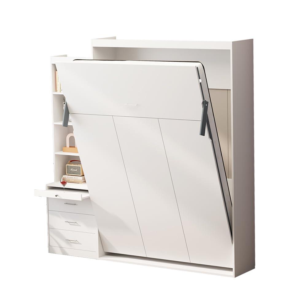 Bellemave Modern Full Size Murphy Bed with Storage Shelf and Drawers for Bedroom or Guestroom,Murphy Chest Bed Space-Saving Folding White Wall Bed with New Style,White