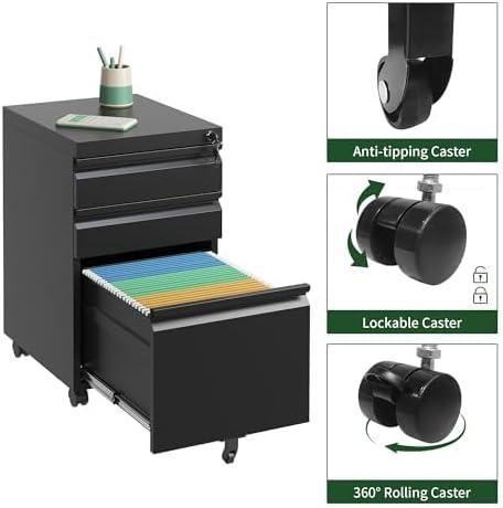 MIIIKO File Cabinet 3 Drawers on Wheels Under Desk, Black Metal Rolling File Cabinets with Lock for Home Office, Un-Assembled Filing Cabinet with Lock
