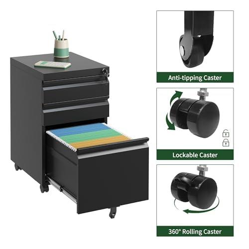 MIIIKO File Cabinet 3 Drawers on Wheels Under Desk, Black Metal Rolling File Cabinets with Lock for Home Office, Un-Assembled Filing Cabinet with Lock