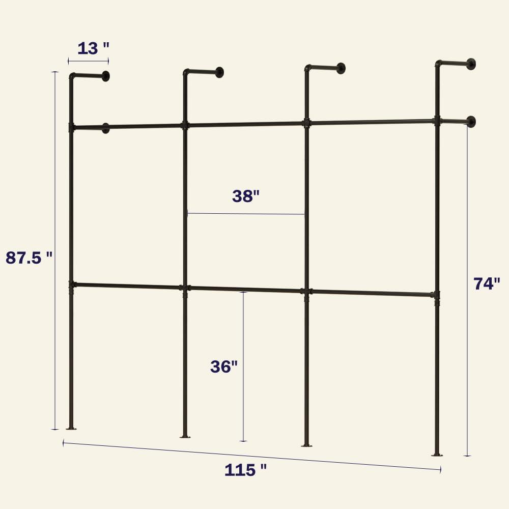 Industrial Pipe Clothes Rack Wall Mounted Clothing Rack,Heavy Duty Iron Pipe Garment Rods,Detachable Multi-Purpose Clothing Hanging Rod/Garment Bar, Black