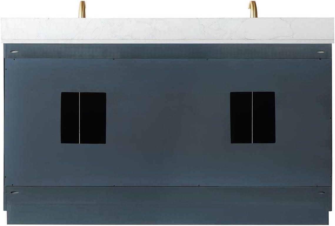 Gazsi 60" Double Bathroom Vanity Set in Charcoal Blue with Grain White Composite Stone Countertop without Mirror