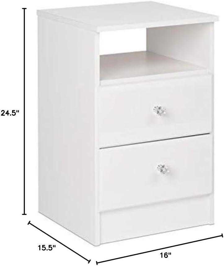 Astrid 2 Drawer Nightstand with Crystal Knobs White - Prepac: Modern Style, Open Shelf Storage