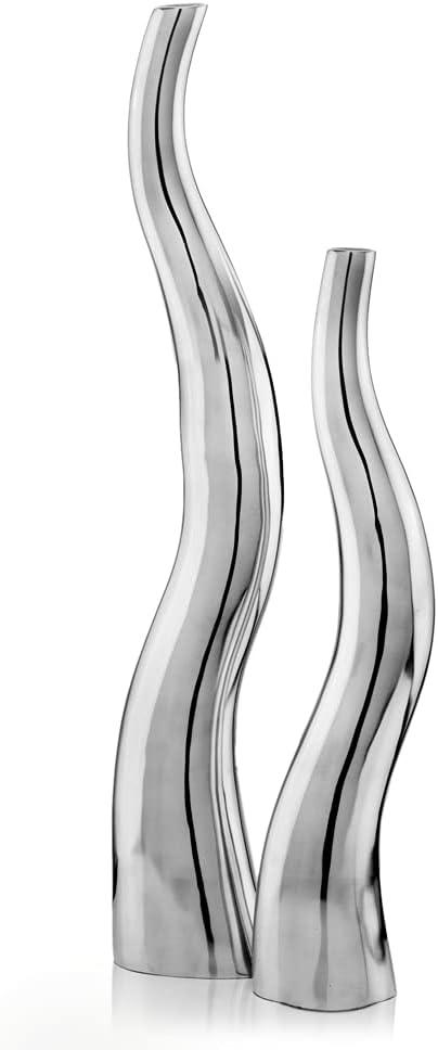 Polished Silver Aluminum Wavy Vases Set of 2 - Modern Home Decor