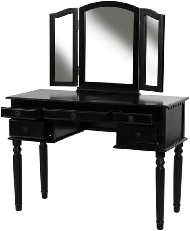 Bobkona St. Croix 3 Fold Mirror Vanity Table with Stool Set, Black