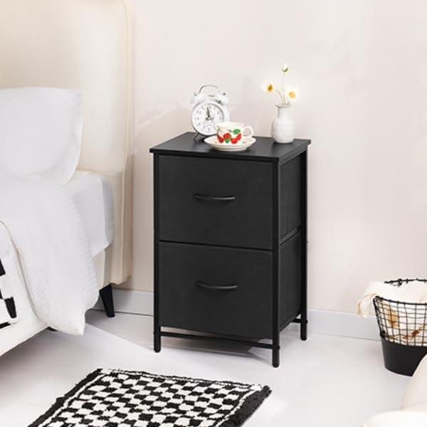 Fabric Nightstand Set of 2 - Small Wood Bedside Tables with Storage Drawers for Bedrooms and Dorms