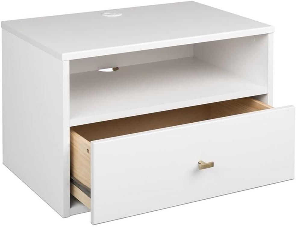 Prepac Floating 1 Drawer Nightstand with Open Shelf White: Modern Wall-Mounted Bedside Furniture with Cable Management & Metal Glides