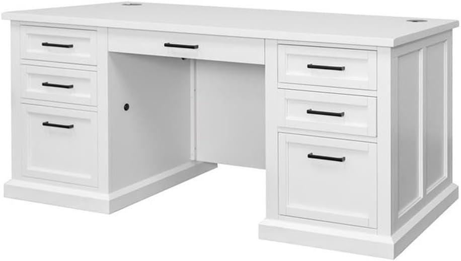 Modern Wood Double Pedestal Desk Fully Assembled White Finish - Abby Collection - Martin Furniture: Executive Office, Cable Management