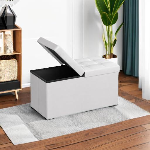 SONGMICS 30 Inches Folding Storage Ottoman Bench with Flipping Lid White