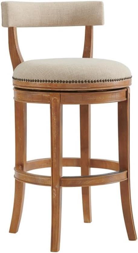 Alaterre Hanover Swivel Bar Height Stool, Weathered Brown and Beige, Solid Rubberwood Frame with Faux Linen Upholstered Seat, Nailhead Trim, Memory Return Swivel, 20 in. W x 22 in. D x 41 in. H