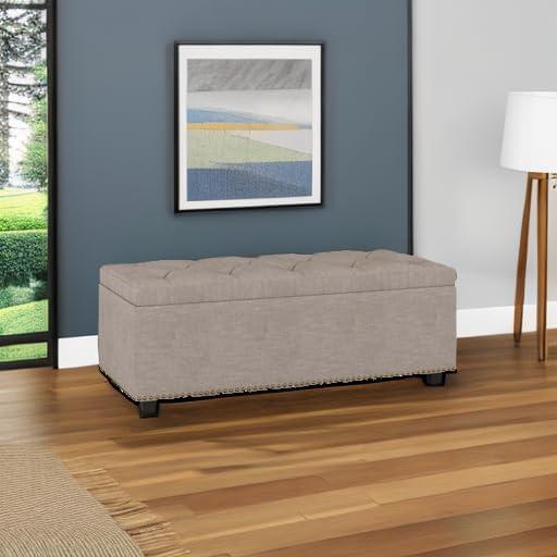 Simpli Home Hamilton 44"W Upholstered Lift-Top Storage Ottoman with Nailhead Trim and Tufted Detailing