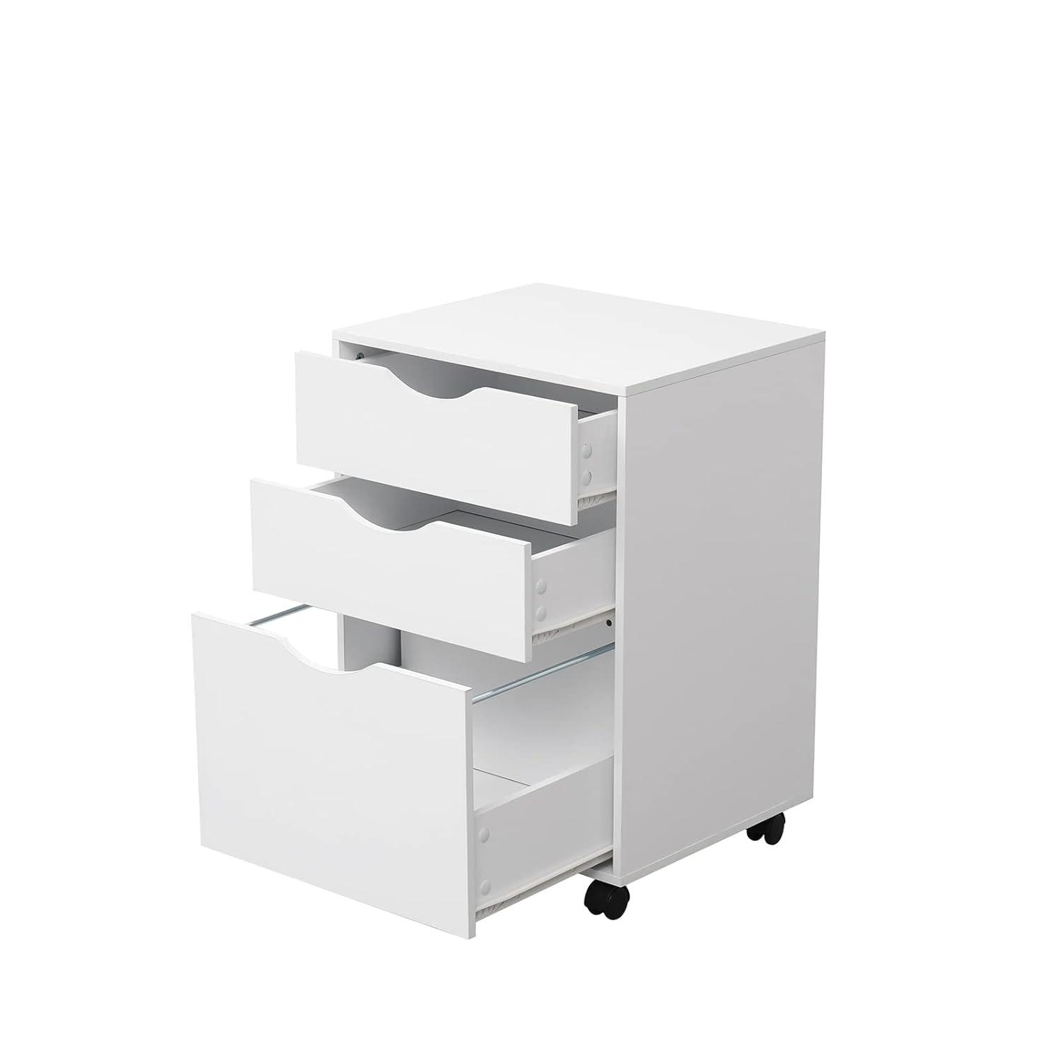3 Drawers Storage Cabinet, Wooden Mobile Filing Cabinet for Mini Printer Stand, with Lockable Casters, for Home Office (3-Drawers, White)