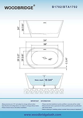 WOODBRIDGE 54" Acrylic Freestanding Bathtub Contemporary Soaking White Tub with Brushed Gold Overflow and Drain,B1702-BG