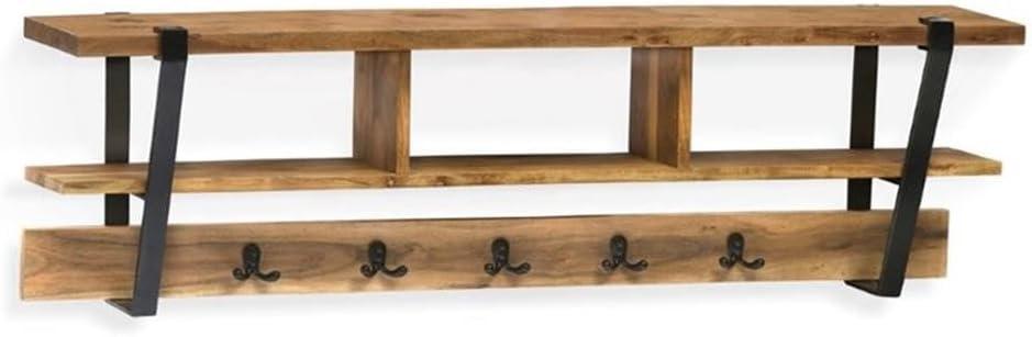 Ryegate Natural Acacia Wood Wall Shelf with Black Metal Hooks