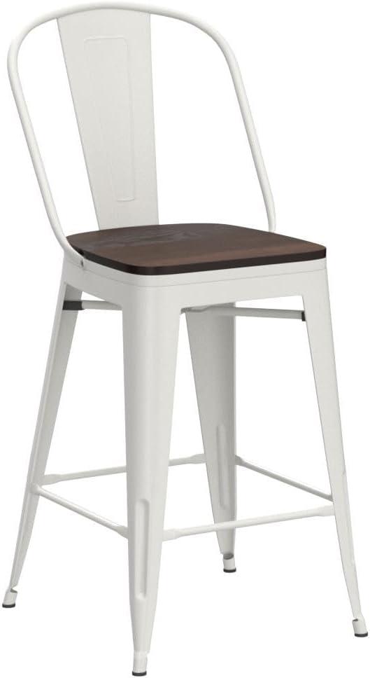Aklaus Metal Bar Stools Set of 4,24 inch Barstools Counter Height Bar Stool with Back Farmhouse Bar Stools with Larger seat High Back Kitchen Dining Chairs Modern Bar Chairs White Cream Stool