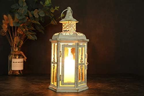 JHY DESIGN Decorative Candle lantern-10inch High Vintage Style Hanging Lantern Metal Candleholder for Indoor Outdoor Events Parities and Weddings (White with Gold Brush)