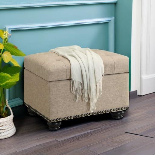 Designs4Comfort 5th Avenue Storage Ottoman in Beige Tan Fabric & Nail Head Trim