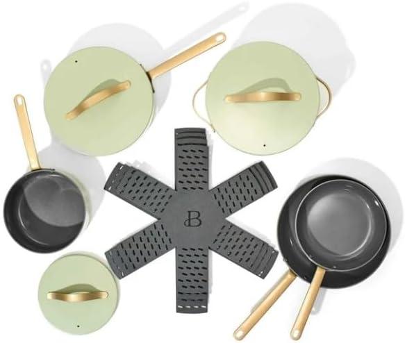 Beautiful 12pc Ceramic Non-Stick Cookware Set, Sage Green by Drew Barrymore