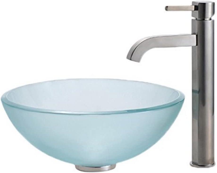 Frosted Glass Circular Vessel Sink with Satin Nickel Faucet