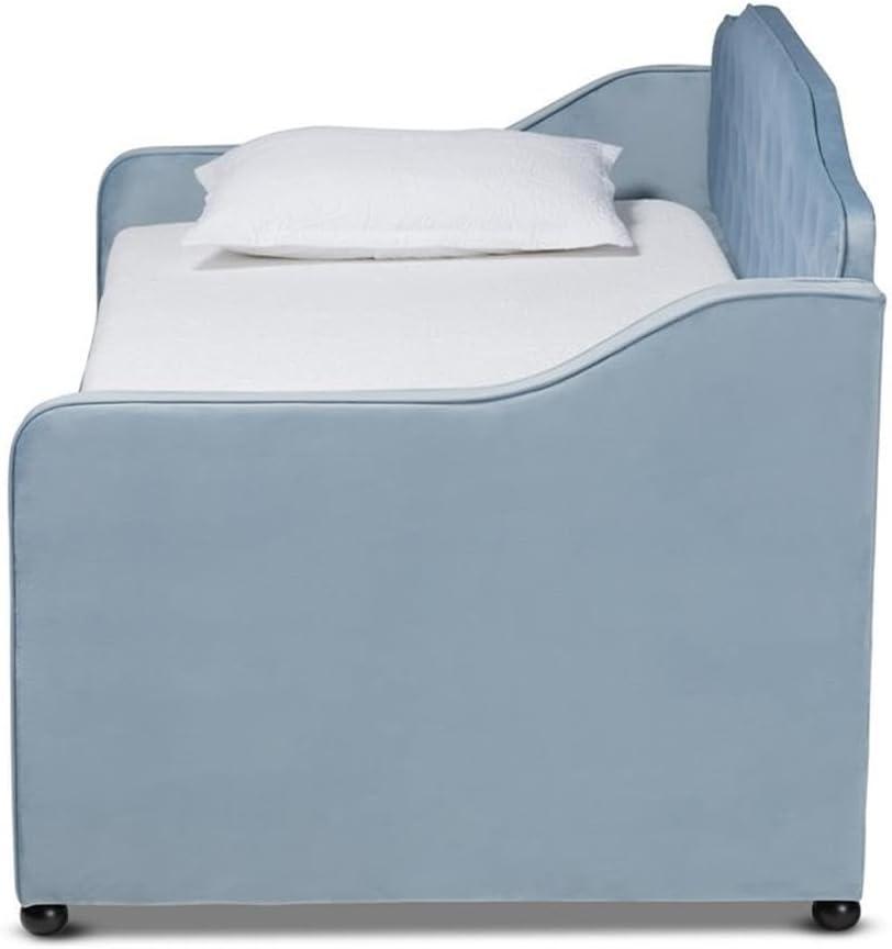 Twin Freda Velvet Tufted Daybed with Trundle Light Blue - Baxton Studio: Upholstered, Mid-Century Modern, No Box Spring Required