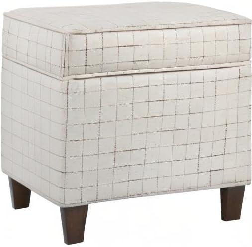 Benzara Wooden Square Ottoman with Grid Patterned Fabric Upholstery and Hidden Storage, Beige and Brown