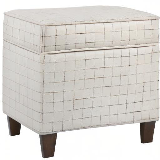 Benzara Wooden Square Ottoman with Grid Patterned Fabric Upholstery and Hidden Storage, Beige and Brown