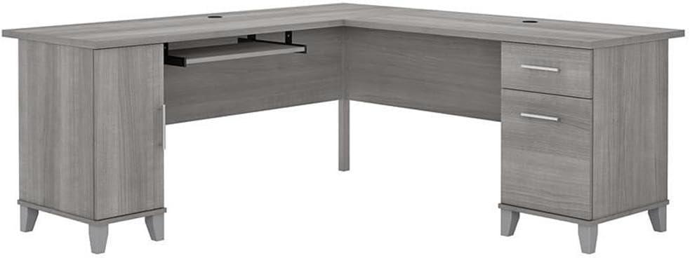 Platinum Gray L-Shaped Wood Desk with Drawer and Keyboard Tray