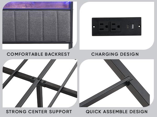 Orren Ellis Full Bed Frame With Storage Headboard And Drawers, Full Size Led Platform Bed Frame, Led Upholstered Bed Frame With Charging Station