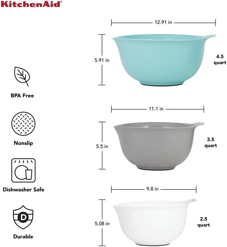 Aqua Sky, White, and Gray Plastic Mixing Bowl Set of 3