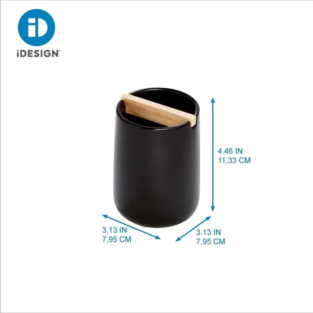 Black Ceramic Toothbrush Holder with Wood Divider