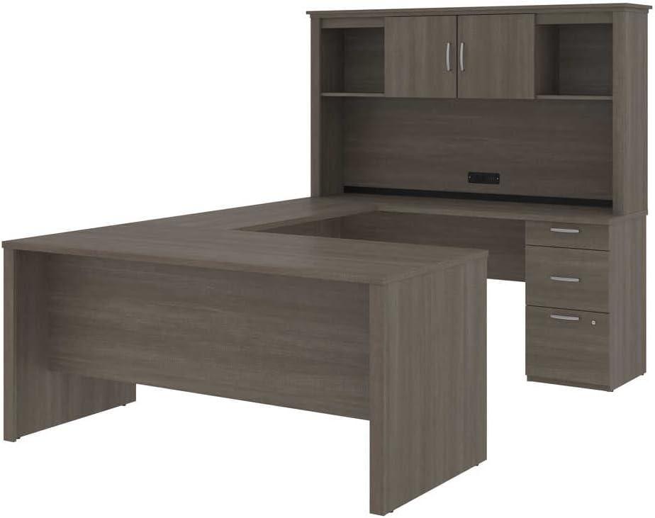 Bestar Logan 66W U or L-Shaped Executive Office Desk with Pedestal and Hutch in bark grey