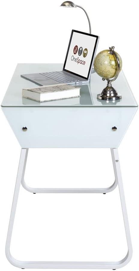 White Glass and Steel Computer Desk with Drawers and Keyboard Tray