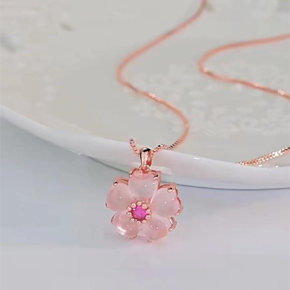YOUMIYA Rose Gold Cherry Blossoms Necklace for Graduation Pink Beautiful Artificial Stone Crystal Necklace Best Gifts for Women Friend Lover