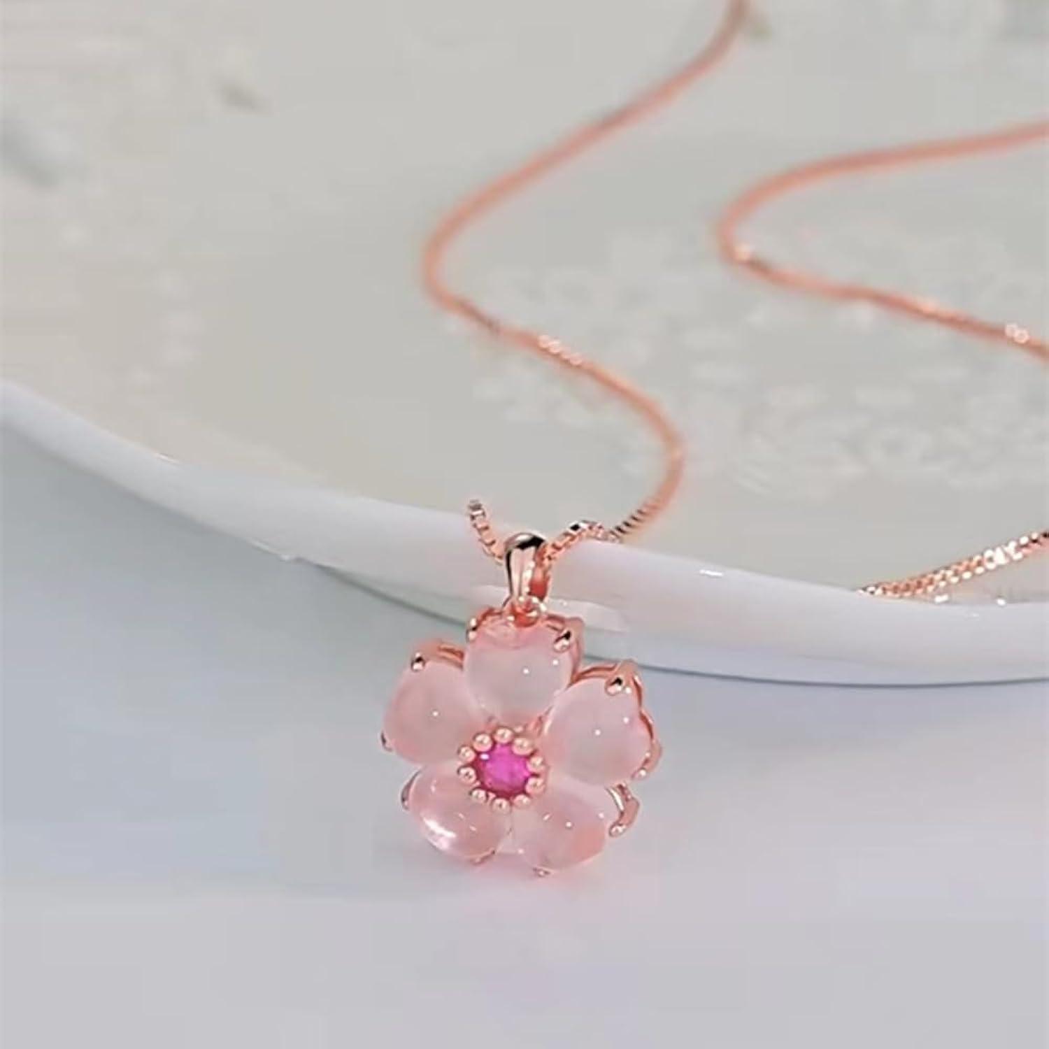 YOUMIYA Rose Gold Cherry Blossoms Necklace for Graduation Pink Beautiful Artificial Stone Crystal Necklace Best Gifts for Women Friend Lover