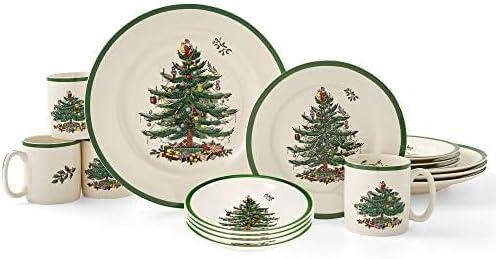 Spode Christmas Tree Collection 16-Piece Dinnerware Set, 10" Dinner Plate, 7.25" Salad Plate, 16 oz Cereal Bowl, 9 oz Mug