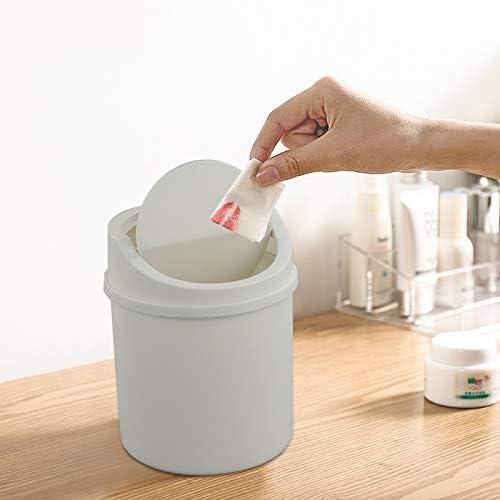 White Plastic Cylindrical Desktop Trash Can with Swing Lid