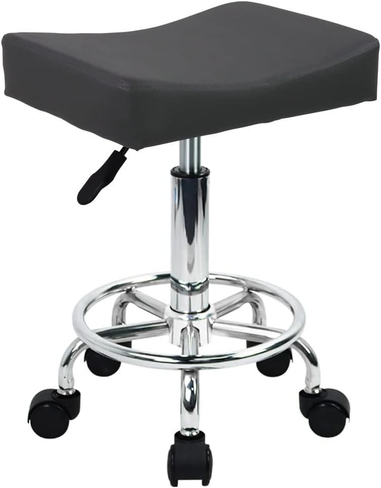 Square Rolling Stool with Footrest PU Leather Height Adjustable 360° Swivel Stool with Wheels Massage SPA Salon Stools Task Chair Desk Drafting Bedroom Vanity Stool (Grey)