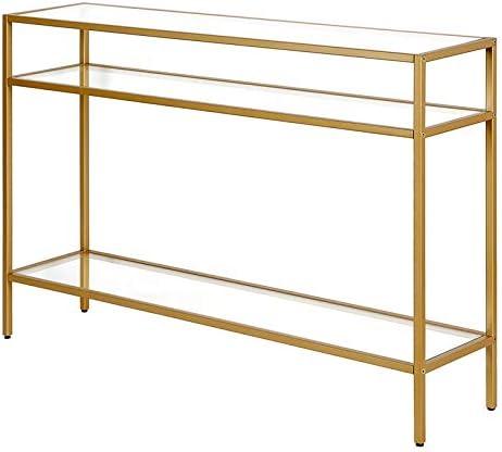 Siviline Brass Finish Steel Frame Console Table with Glass Shelves