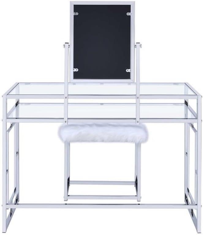 ACME Josh Vanity Table, Mirror, and Stool in White and Chrome