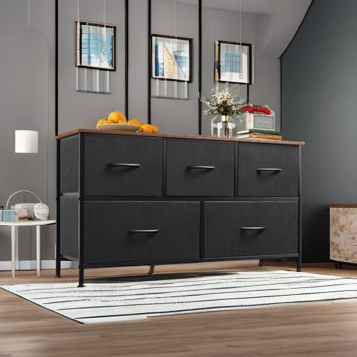 Black and Rustic Brown 5-Drawer Fabric Dresser with Steel Frame