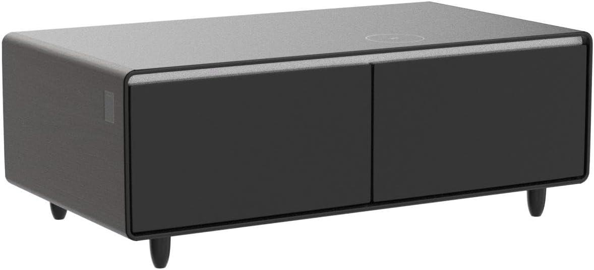 Livtab Smart Coffee Table with Built in Fridge, Bluetooth Speakers, Wireless Charging, Outlets, RGB Light, Brown