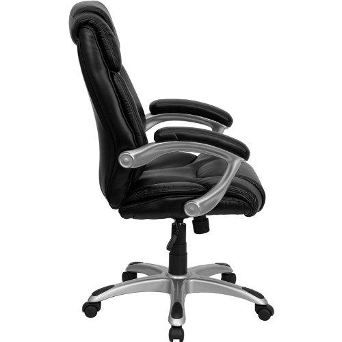 BizChair High Back Black LeatherSoft Layered Upholstered Executive Swivel Ergonomic Office Chair with Silver Nylon Base and Arms