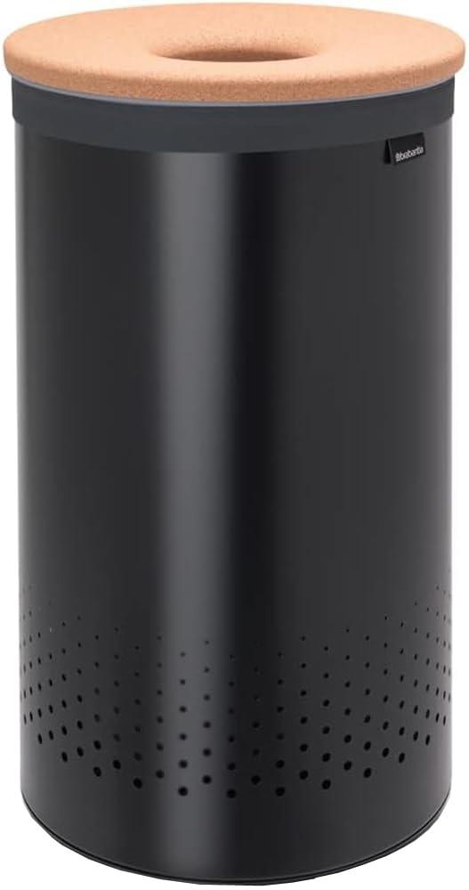 Brabantia - Laundry Hamper - with Cork Lid - Ventilation Holes - Corrosion Resistant Materials - Hygienic - Discrete - Laundry Basket - Bathroom - with Small Hole - Matt Black - 16 Gal