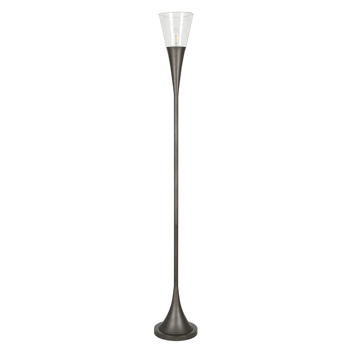 Moura Torchiere Floor Lamp with Glass Shade in Aged Steel/Seeded