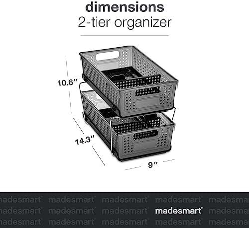 madesmart 2-Tier Organizer Multi-Purpose Slide-Out Storage with Handles and Dividers for Home and Bath, Pack of 1, Carbon