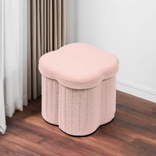 PINPLUS 12.6" Storage Ottoman,Toy Chest Box，Folding Footrest Stool Seat,Flower Shape,Sherpa Fabric,Pink