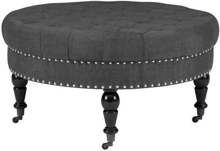 34.6" Isabelle Traditional Round Tufted Upholstered Wheeled Cocktail Ottoman Gray - Linon: Charcoal Linen, Silver Nailhead, Black Legs