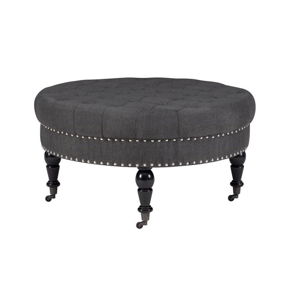 34.6" Isabelle Traditional Round Tufted Upholstered Wheeled Cocktail Ottoman Gray - Linon: Charcoal Linen, Silver Nailhead, Black Legs